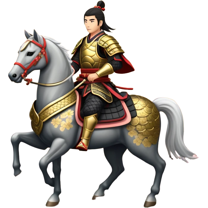 An icon representing an adventure game, inspired by feudal Japan. The design features a disciplined samurai riding a noble warhorse, its armor adorned with intricate patterns. A backdrop of cherry blossoms and a setting sun over a distant pagoda conveys a sense of honor, tradition, and battle-readiness. Transparent background. emoji