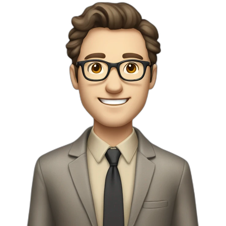 Joyful Full height Pale skinned Fit Man With dark brown hair in gray classic jacket, beige office shirt, Brown pants and vintage glasses. His thrumbs up emoji