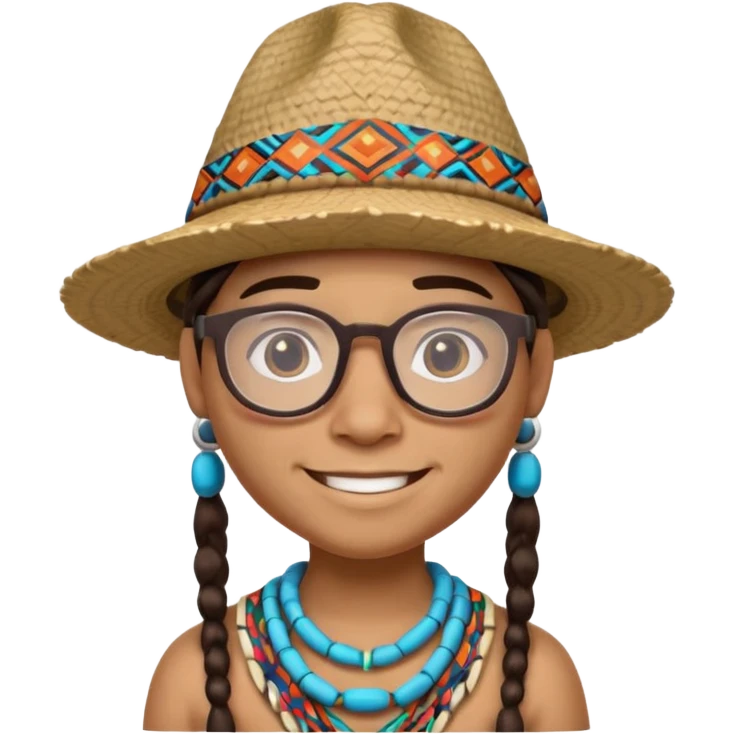cute Indigenous tribal character portrait, head and shoulders only, wearing glasses, stylish hat, friendly smile, colorful tribal patterns, 3D cartoon, mobile game icon style, clean background, no text, no watermark
 emoji
