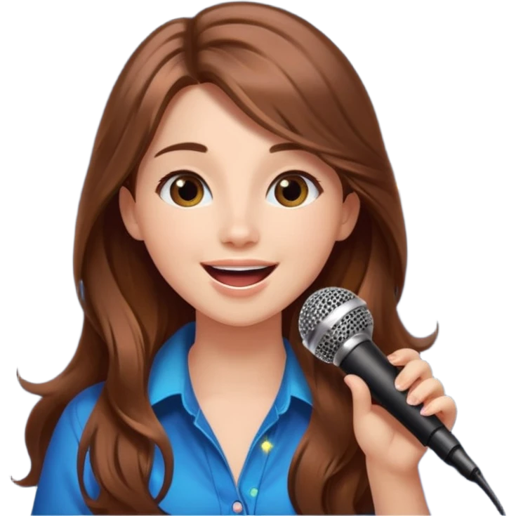 Beautiful Girl with long brown hair singing karaoke funny light blue aesthetic background with lights emoji