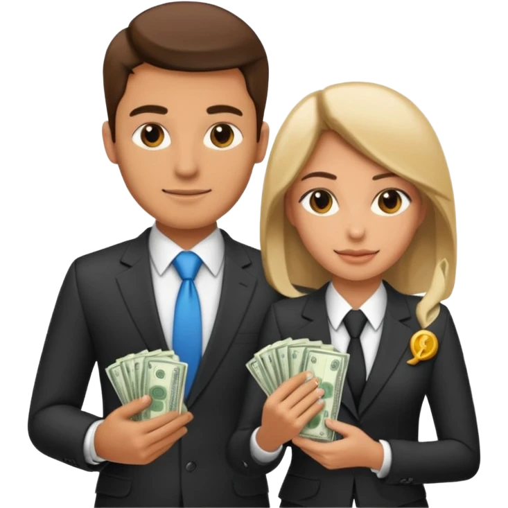 Una pareja (chico y chica de 28 años) vestidos con traje profesional y con dinero emoji