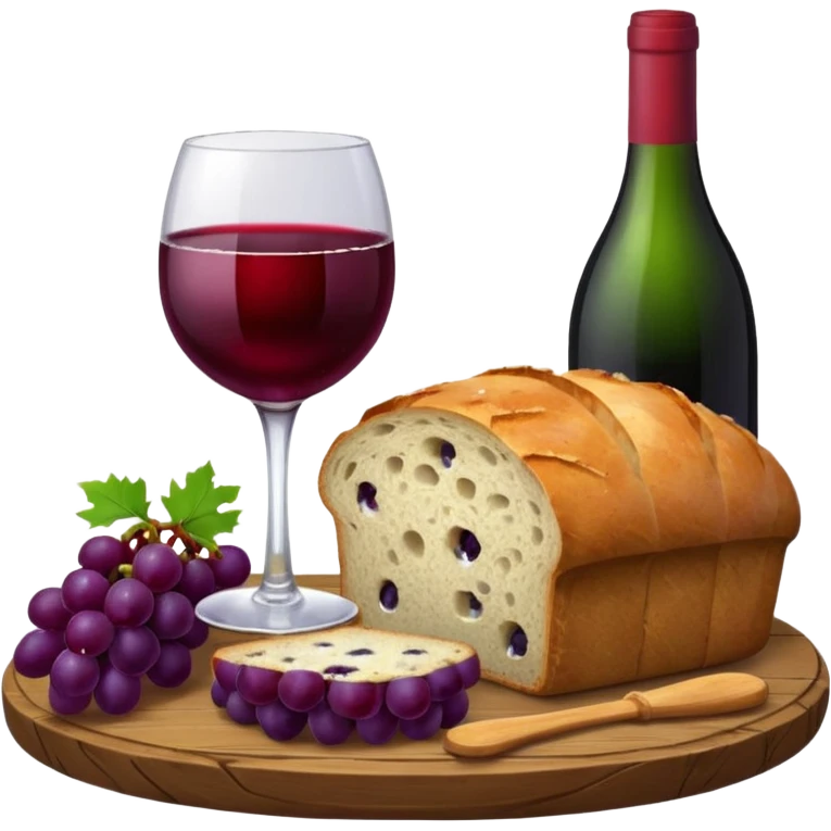 Please make a wine glass with a red cloth, make some grapes and a whole round loaf of bread, and place them on an elegant board. emoji