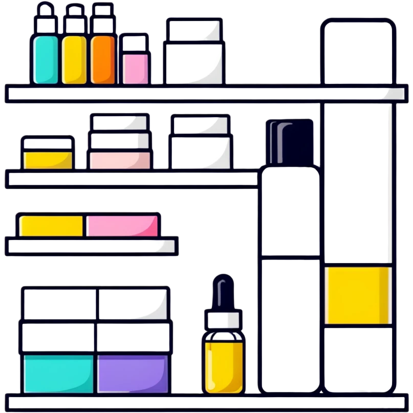 big long white shelf with one serum bottle labeled beauty brand and big sticky note emoji
