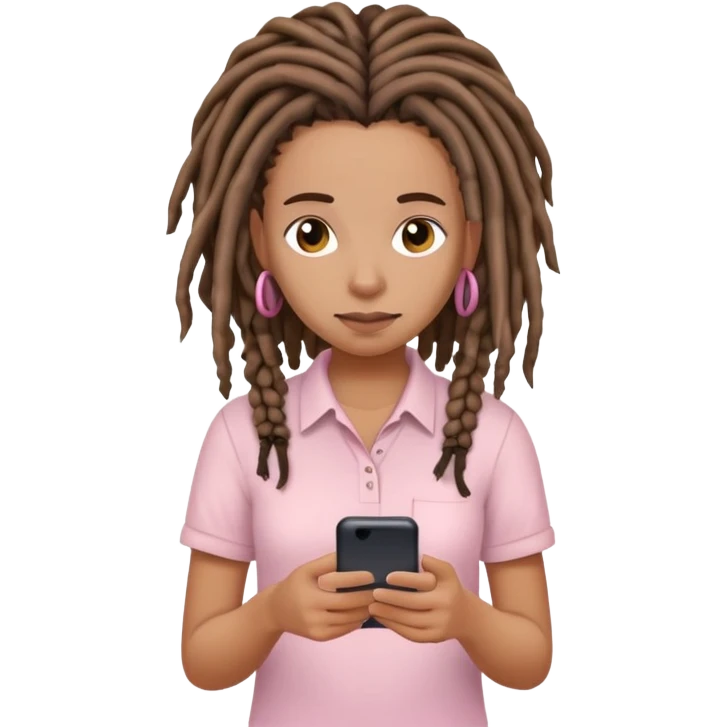 Medium brown woman with dreadlocks in Light pink shirt texting emoji