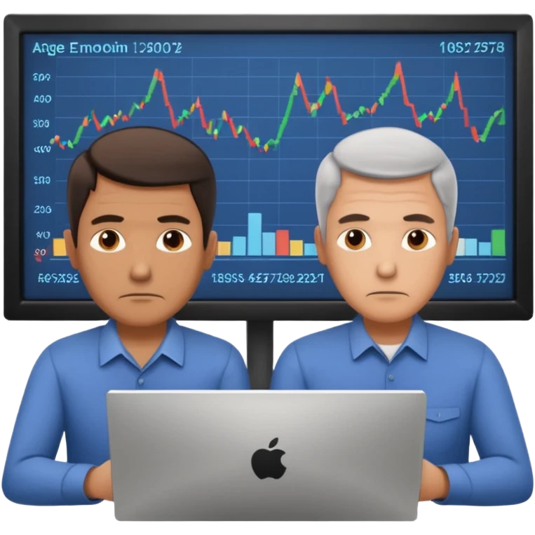 teaching somebody else in person, in the same place, watching the same monitor together, the trainee and trainer are in the similar age, two both are men, the monitor should be showing some data graphs emoji