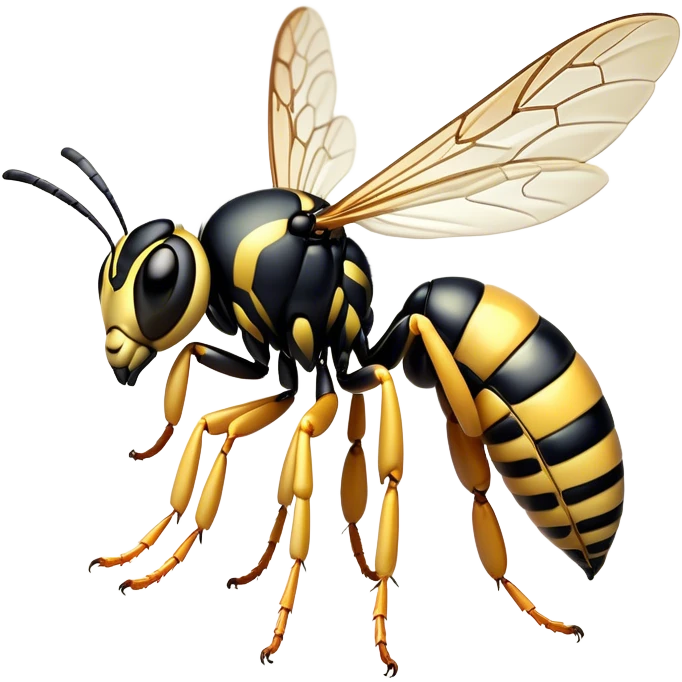 Beautiful and Majestic Wasp Portrait Emoji, Head and body rendered in serene repose with a gentle, confident smile, showcasing a refined, streamlined form with delicately patterned stripes and softly closed, focused eyes, Simplified yet exquisitely endearing features, highly detailed, glowing with a soft, drowsy radiance, high shine, relaxed and utterly noble, stylized with an air of regal insect elegance, soft glowing outline, capturing the essence of a beautiful and majestic wasp that embodies the refined power of nature! emoji