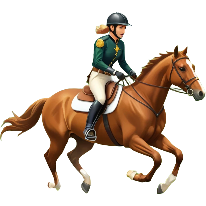 An icon featuring a horse and rider galloping gracefully over a lush green field. The rider is in full gear, guiding the horse with precision. The background shows rolling hills, a clear blue sky, and vibrant sunlight illuminating the scene. Transparent background highlights the elegance emoji