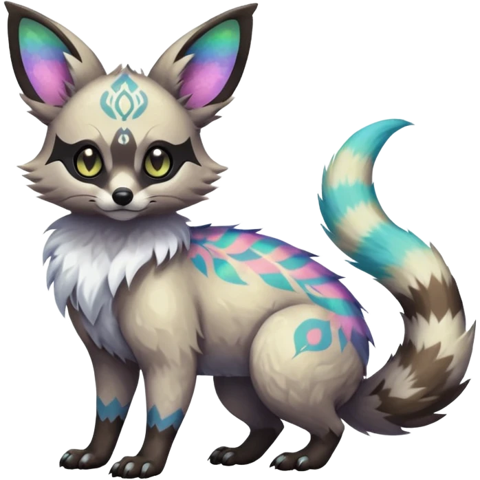 Rare iridescent white exotic epic aesthetic colorful Trico-Eevee-Genet-Civet-species-Fakemon-hybrid-creature, with intricate tattoo markings, full body emoji
