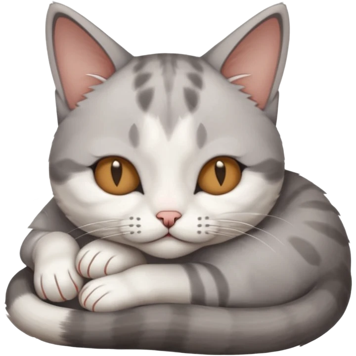 grey and white small cat with its eyes closed lying down with its head resting own paw emoji