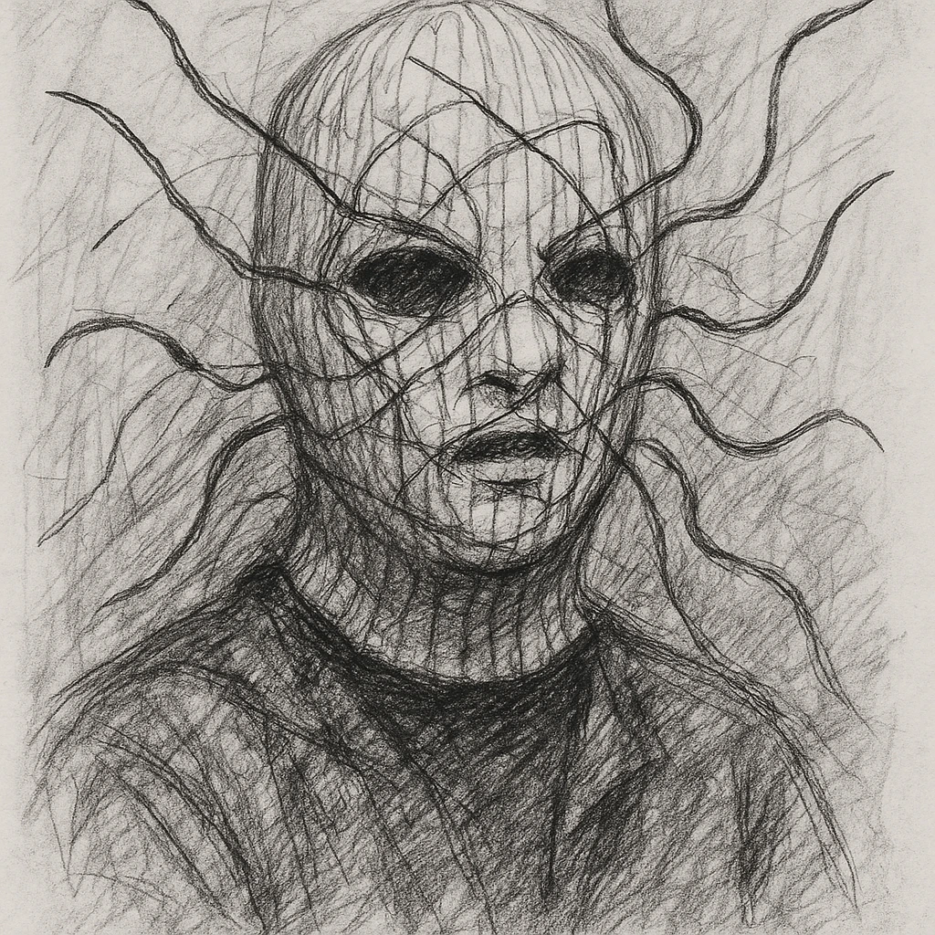 The mask is a full-head, white knitted balaclava with a tight ribbed texture. It features two asymmetrical eye openings and a partially exposed mouth area. Black thread is stitched across the surface in chaotic, abstract lines that trace facial features, giving a hand-drawn effect. Several black cords extend outward from the mask, varying in length and direction, adding a sculptural, almost organic appearance. The overall look is bold, handcrafted, and visually striking. emoji