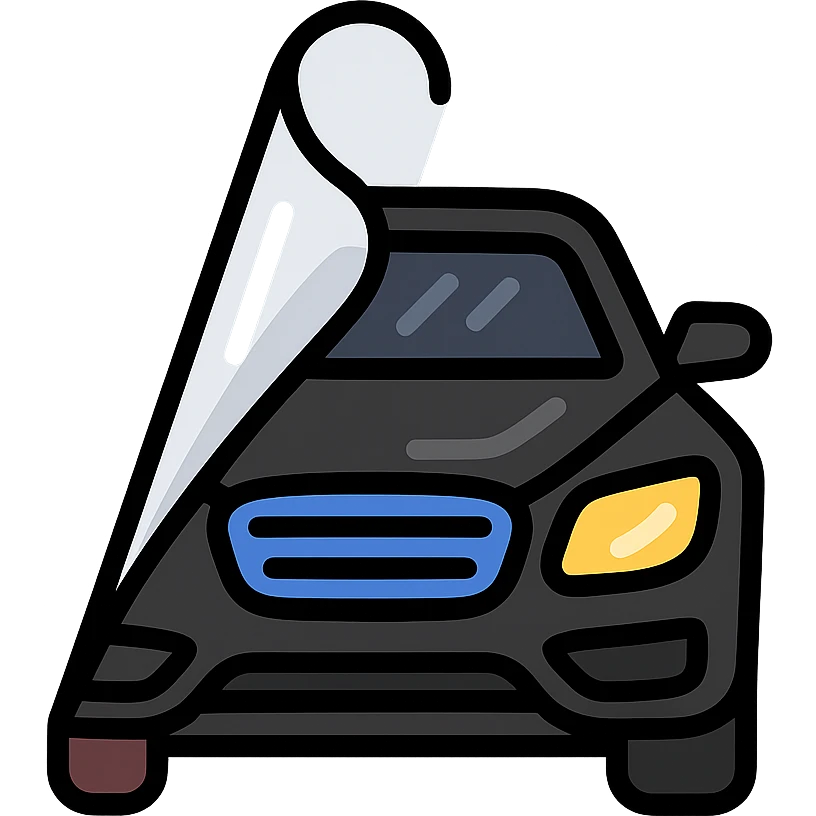 high-end black car icon partially covered by a rolled transparent or light gray film with curved adhesion effect, glossy black main color, modern and clean style, no text emoji