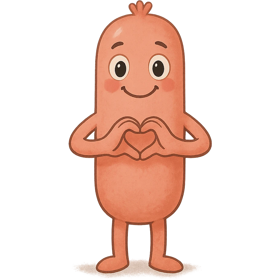 a smiling sausage-shaped humanoid with a pinkish-orange body, simple arms and legs, big eyes, and a happy smile. Its hands form a heart shape in front of its chest, radiating warmth and affection emoji