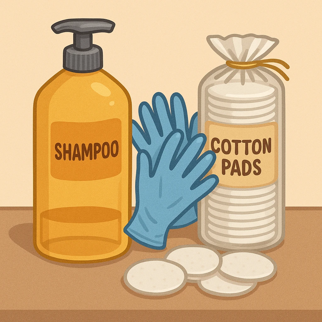 emoji of big (1L) bottle of shampoo, disposable gloves and cotton pads (for makeup) are standing on a table, products look like its always running out, and bran labels to them, make quantity bigger , and i want to see more disposable products emoji