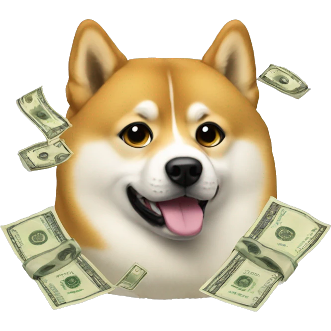 Doge with money in the background and flying text  emoji