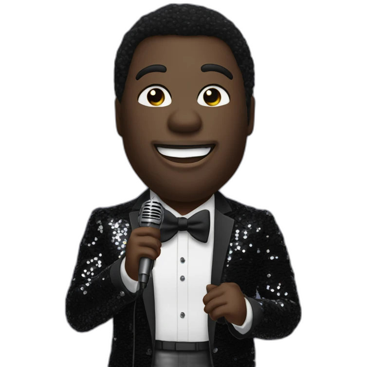 sam richardson in a black sequin suit singing into a microphone full body dancing emoji