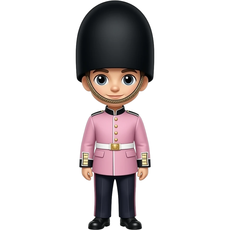 Cute Fashion inspired British royal guard, isolated, centered, no background, tailored blush Light pink ceremonial coat, gold buttons, Long black hat, elegant London luxury aesthetic emoji