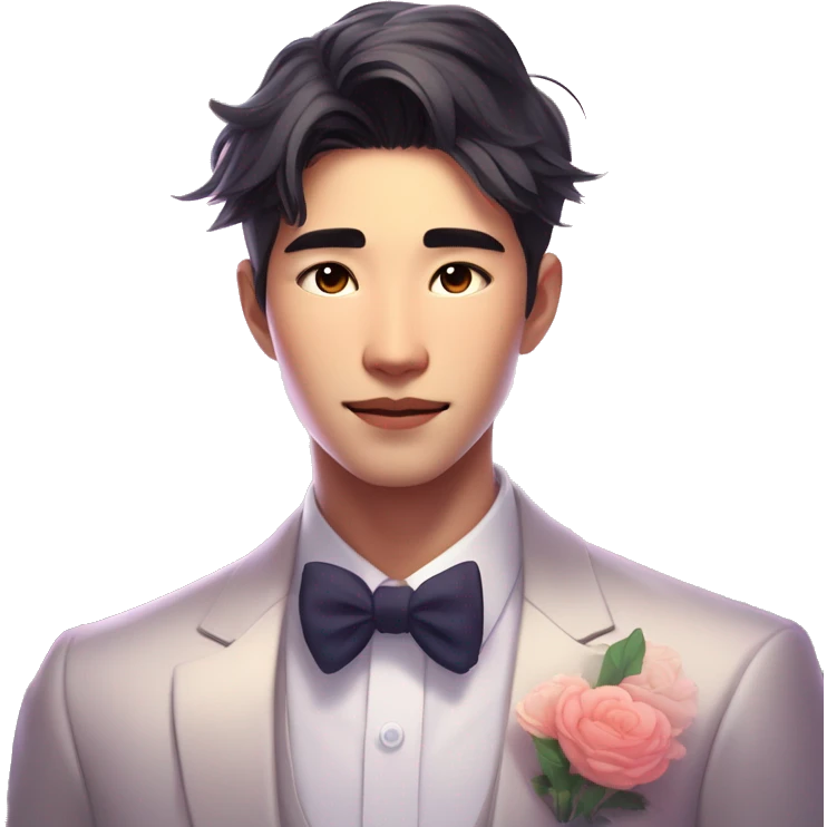 Gorgeous romantic anime style Asian formal modern gentlemanly guy with flowers and blushing face aesthetic trending style outside with colorful gradient bright light colors emoji