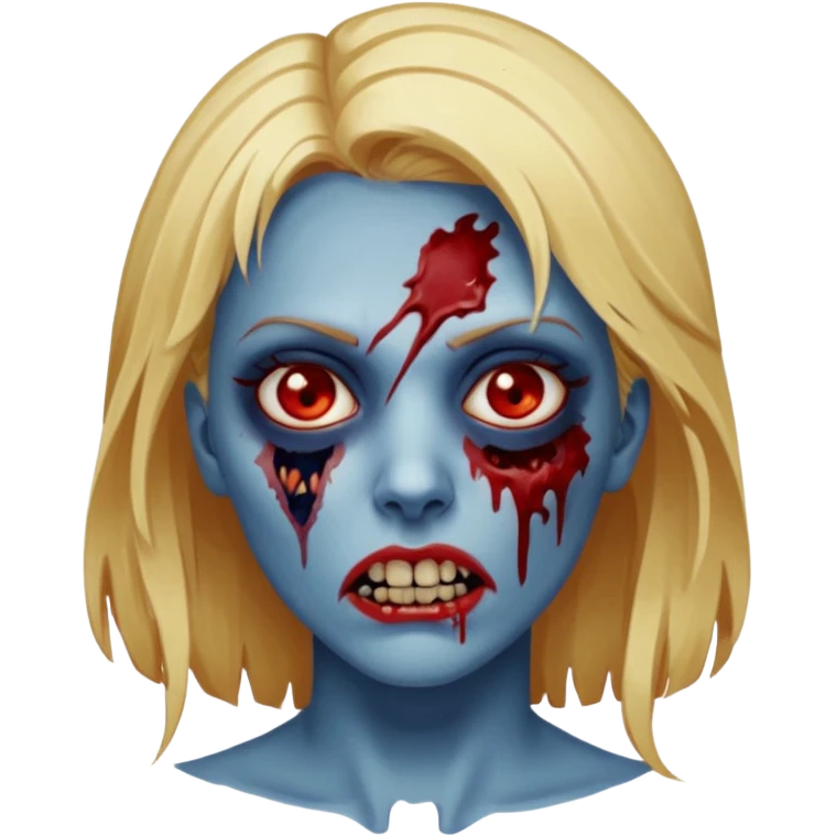 zumbi feminino com cortes no rosto, olhos baixos e vermelhos, cabelo loiro e rosto azul escuro, boca e olhos sangrando cm fundl azul e mais sangues possível emoji