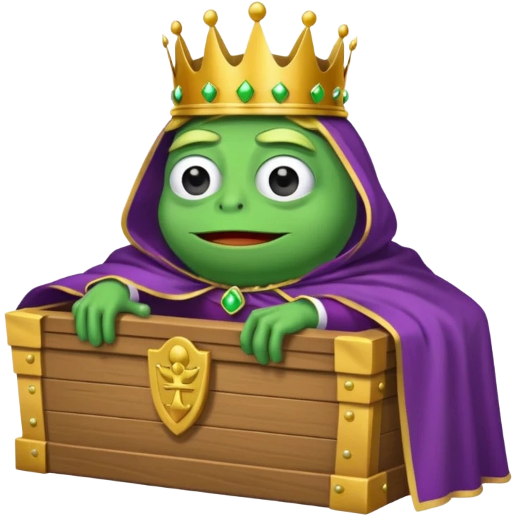 Emoji of an empty wooden coffin labeled ‘ECHO,’ being nailed shut by a king-like Pepe the Frog wearing a crown and cape emoji
