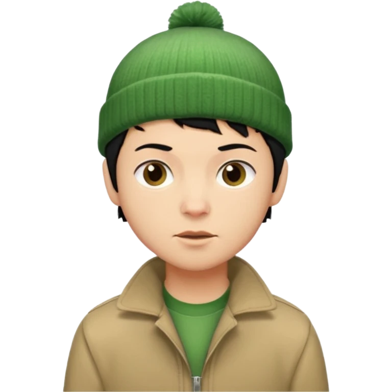 young man with pixie cut black hair, green beenie hat, tan jacket and pork chop sideburns emoji