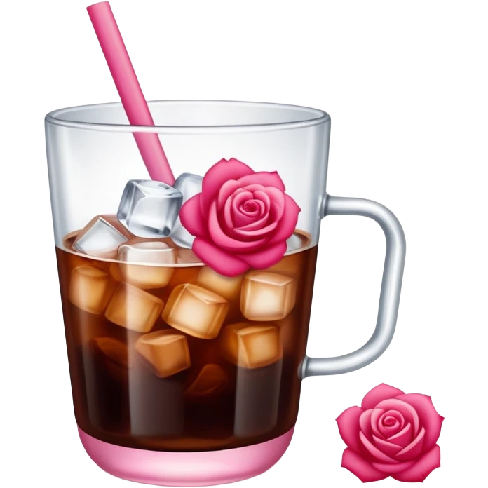 Cold brew coffee with mini roses pink red and small size mini glas cup with ice cubs emoji