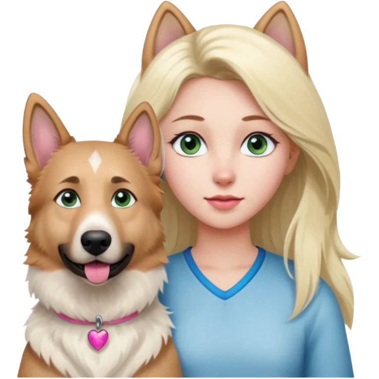 White European young woman with blue-green eyes and long blond hair with her white German Shepherd dog,the Dog has a pink nose and short fur  and Brown eyes emoji