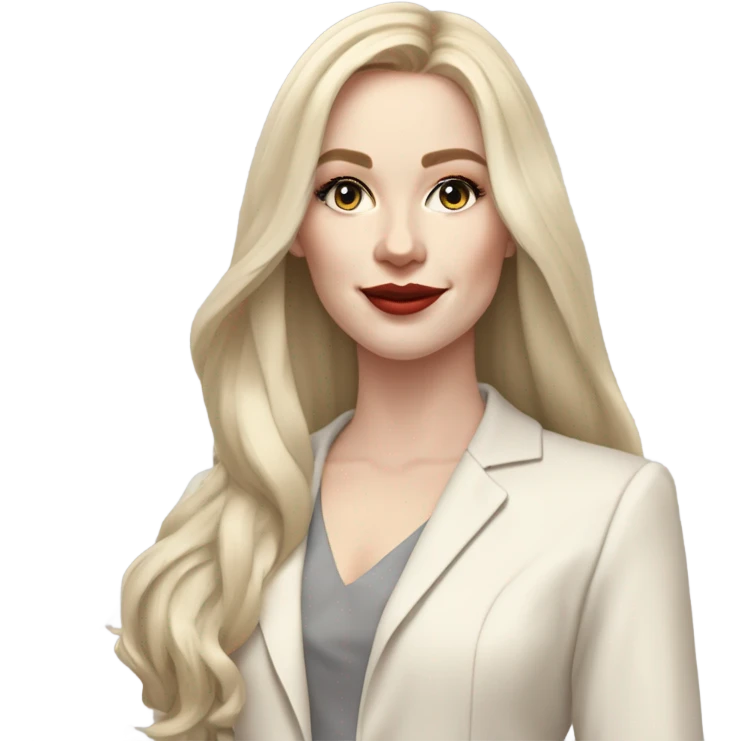 pale skin woman with ash blonde straightened long Hair, White Spacious classical jacket, beige palazzo Arrow pants and gray blouse holding a color palettes in the hands emoji