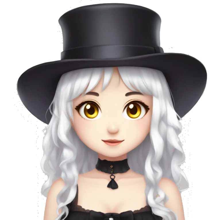 an anime anime girl with white hair and big yellow eyes wearing a top and a hat, cross, 1girl, solo, dark skin, hat, top hat, lolita fashion, fang, mini hat, gothic lolita, dark-skinned female, white background, white eyes, mini top hat emoji