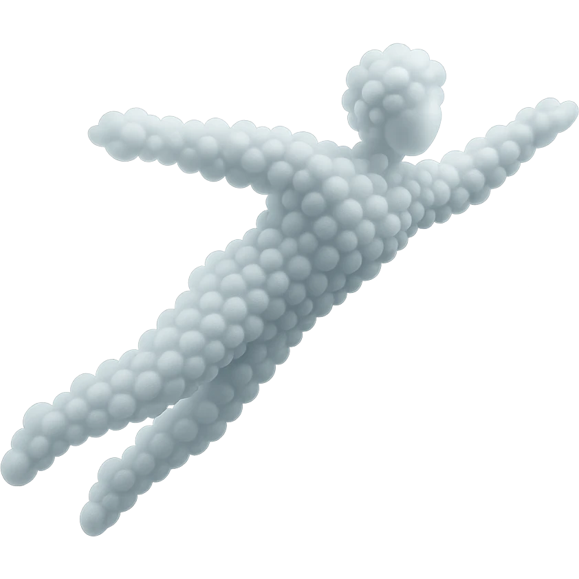 a person flying, entirely made of small, very bright white, fluffy, convex clouds, minimalist style emoji