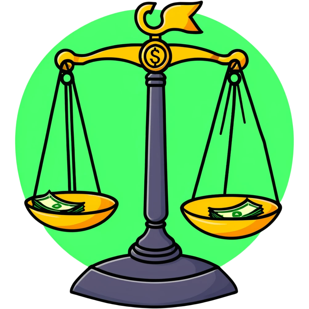A decorative gold balance scale with green money and dollar signs on one side and three colorful stars on the other side emoji