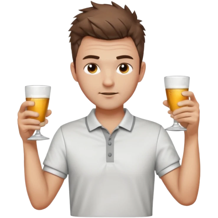 Handsome male.short messy brown hair.mowhawk hairstyle. wearing white golf shirt.grey shorts. Cheersing with shooter emoji