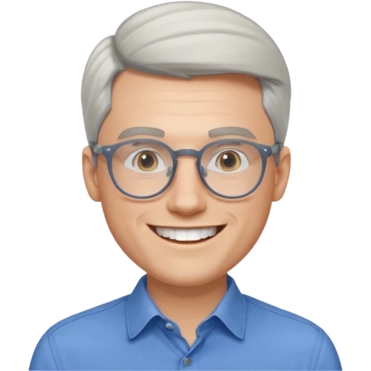 30 yr old pale white man, white/grey side swept stylish hair, round glasses, big smile, white teeth, handsome, longer hair, thin glasses, blue dress shirt emoji