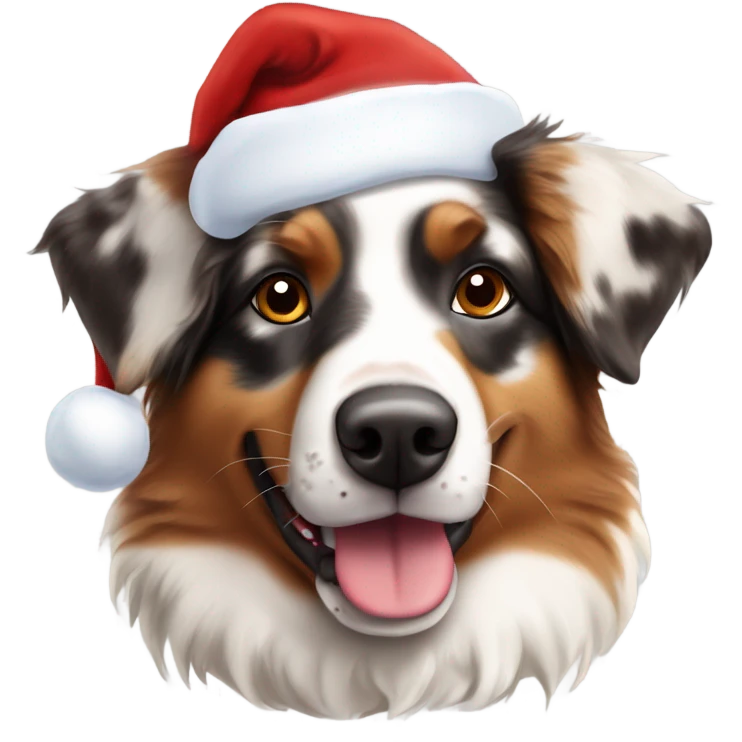 red Merle toy Aussie Shepard wearing a Santa hat emoji