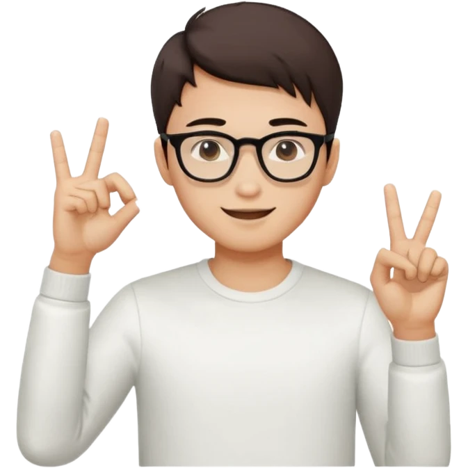 young Asian man with cool brown short hair, wearing black framed glasses, a white top, making an OK gesture with his right hand, and smiling confidently emoji