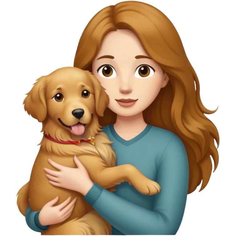 woman with long brown hair holding a golden retriever dog in her arms emoji