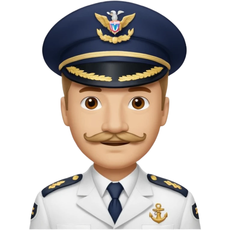 A light-skinned man with brown eyes and a mustache, smiling while wearing a white captain’s hat with a navy emblem. emoji