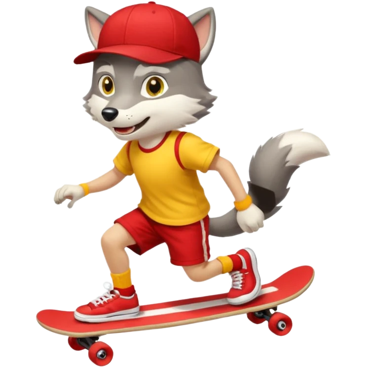 A gray wolf with large, expressive eyes and a friendly smile. The gray wolf is wearing a bright yellow T-shirt, red shorts, white knee socks, and sneakers. The baseball cap is on backwards. The wolf is preparing to perform a skateboarding trick. emoji