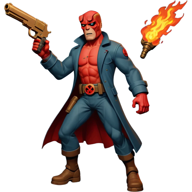 cinematic realistic superhero Hellboy by Mike Mignola jumps and shoots with a bronze pistol emoji