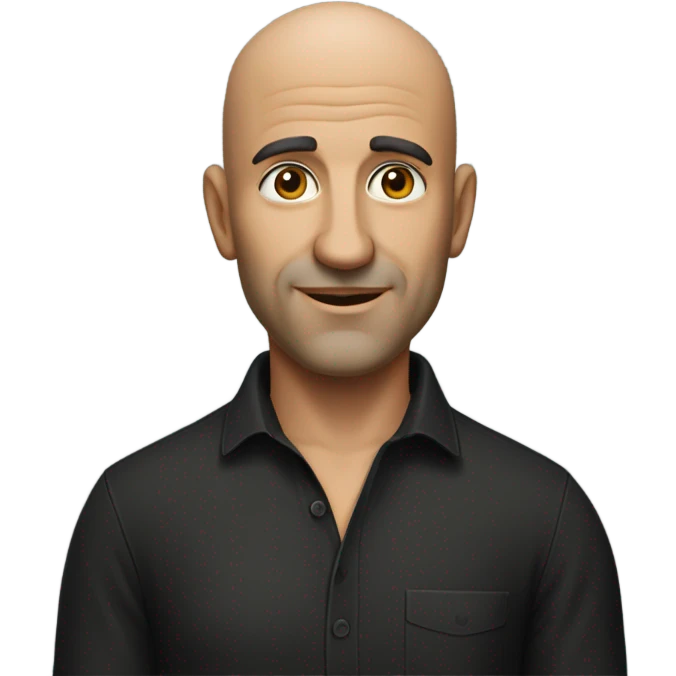A middle-aged Italian man with olive-toned skin with bald hair and no facial hair. He is wearing a sleek black smart shirt, casually unbuttoned at the top. emoji