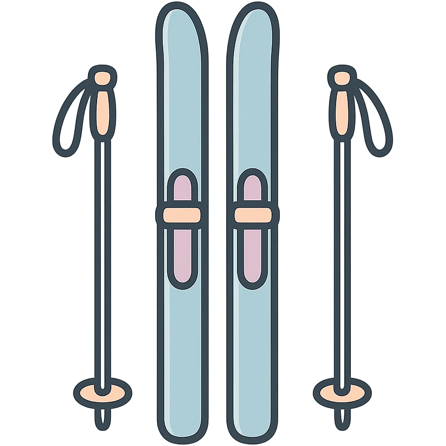 cross-country skis standing upright with poles on the sides slightly angled outward, detailed shading, thin clean outlines, soft rounded features, pastel palette #98B5BC #B5B3C1 #C9A3C9 #E4C0CA #F7DCD1 #F7C0AA, Japanese pop art, sticker look, highly detailed, vector clarity, soft lighting, subtle shadows, transparent background emoji