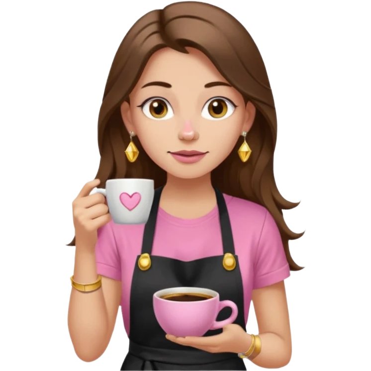 Fille cheveux long châtain, peau beige type européen, teeshirt rose avec un tablier noir, piercing au nez anneau doré, boucle d’oreille diamant doré. Elle boit un café emoji