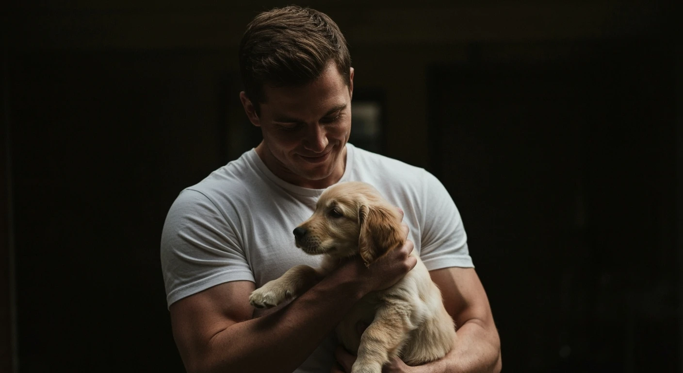 Photo of a musculated man holding puppy golden retriver, low key light emoji