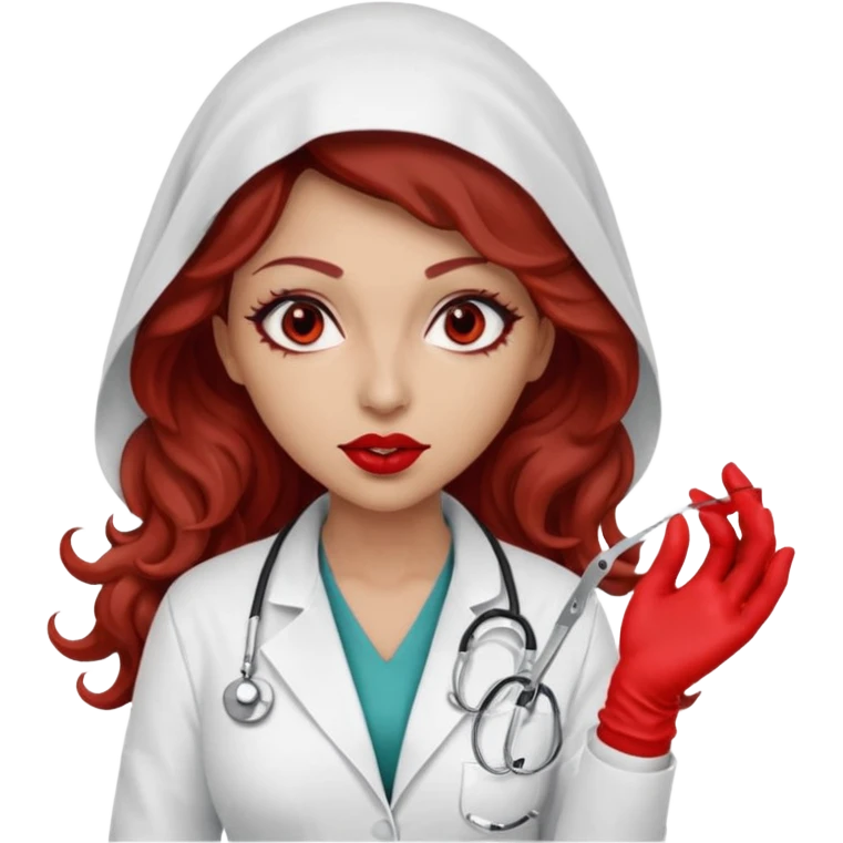 Scary woman scalpel in hand, evil surgeon sexy surgeon clothes.  She has red eyes. Her  brown long curly hair. Wears sexy doctor outfit with red gloves. make her hair free and brown but she  wear mouth cover   to hide. Wears white surgeon jacket and hijab cover lips  emoji