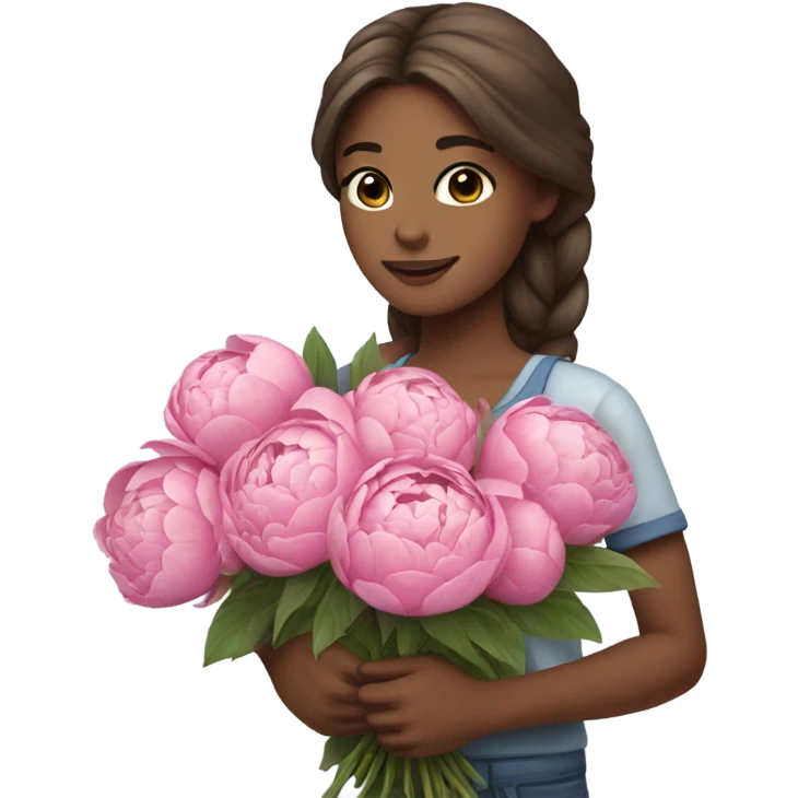 a girl with long brown hair and blue eyes holding a Beautiful bouquet of pink peonies   emoji
