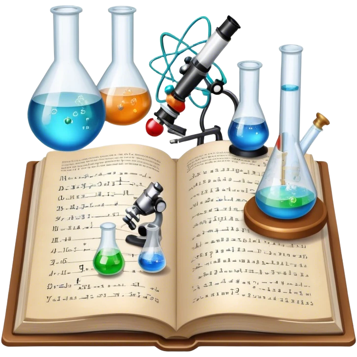 Icon for Scientific and Educational Reading: an open book with mathematical and physical formulas on the pages, with molecules and atoms flying out. On the desk are test tubes, flasks, and a microscope. Transparent background. emoji