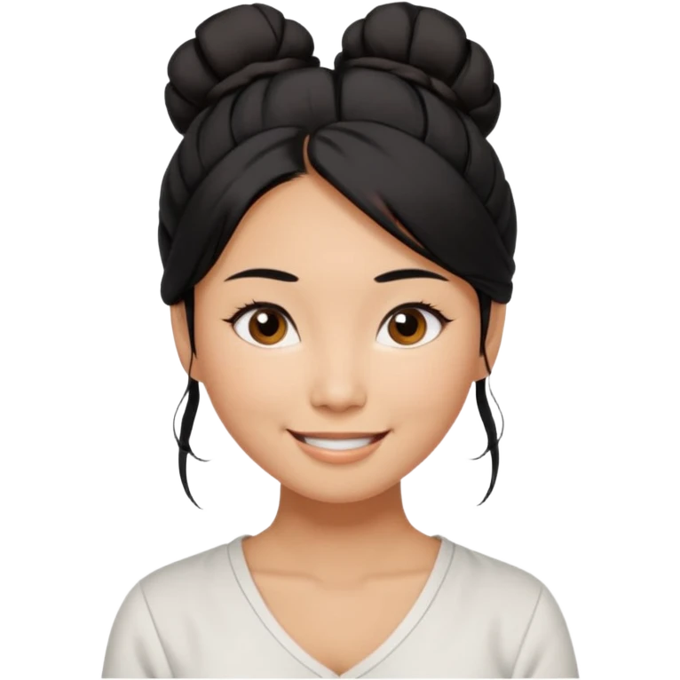 medium tan asian woman with long black hair tied 1 messt bun on top of head,  round brown eyes, white v neck blouse. shes smiling and friendly. emoji