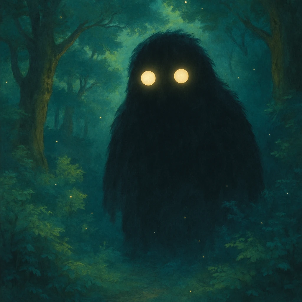 mysterious shadowy monster with glowing eyes in a magical forest background in ghibli style emoji