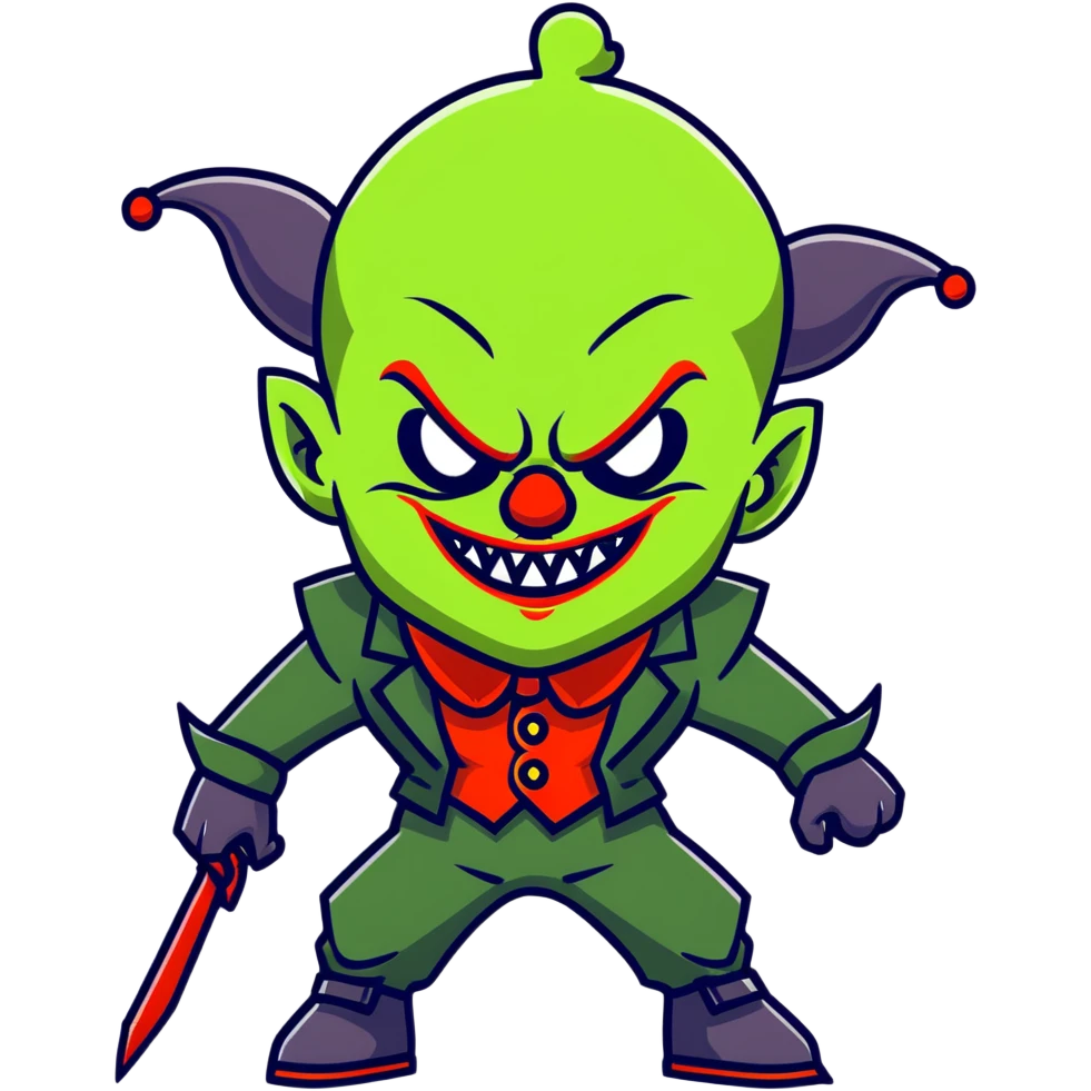 evil clown warrior, bald, short black devil-like horns on forehead, fangs, pointed ears, black and military green leisure suit with bellbottom pants, realistically proportioned, less bulky, full body visible, battle-ready fighting posture emoji