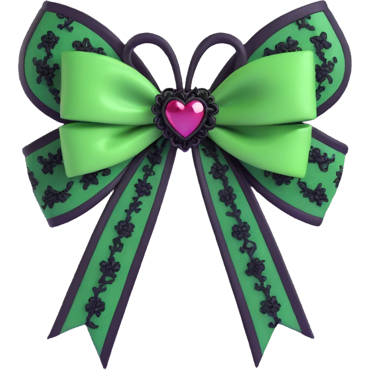 green gothic bow with black lace trim and heart charm, remove background emoji