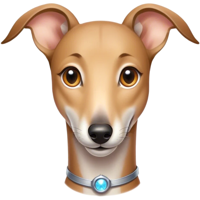 Cinematic Cute Fawn Greyhound Portrait Emoji, Head tilted playfully and inquisitively, featuring a sleek fawn Fur with a gentle sheen, round, sparkling eyes filled with curiosity, Simplified yet irresistibly adorable features, highly detailed, glowing with a warm, friendly glow, high shine, affectionate and nimble, stylized with a touch of whimsy, bright and endearing, soft glowing outline, capturing the essence of a mischievous yet loving racer, so playful it feels like it could sprint out of the screen and into your arms! emoji